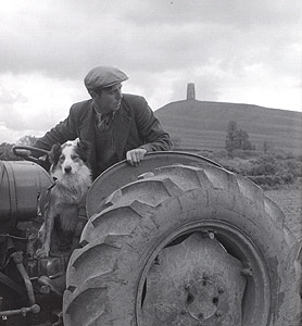 Farmer Marcus Govier and sheep dog on a tractor near Glastonbury, Somerset - John Gay, 1958