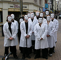 Liverpool FOE and WDM supporters posing as 'clones' in the middle of Liverpool's shopping centre